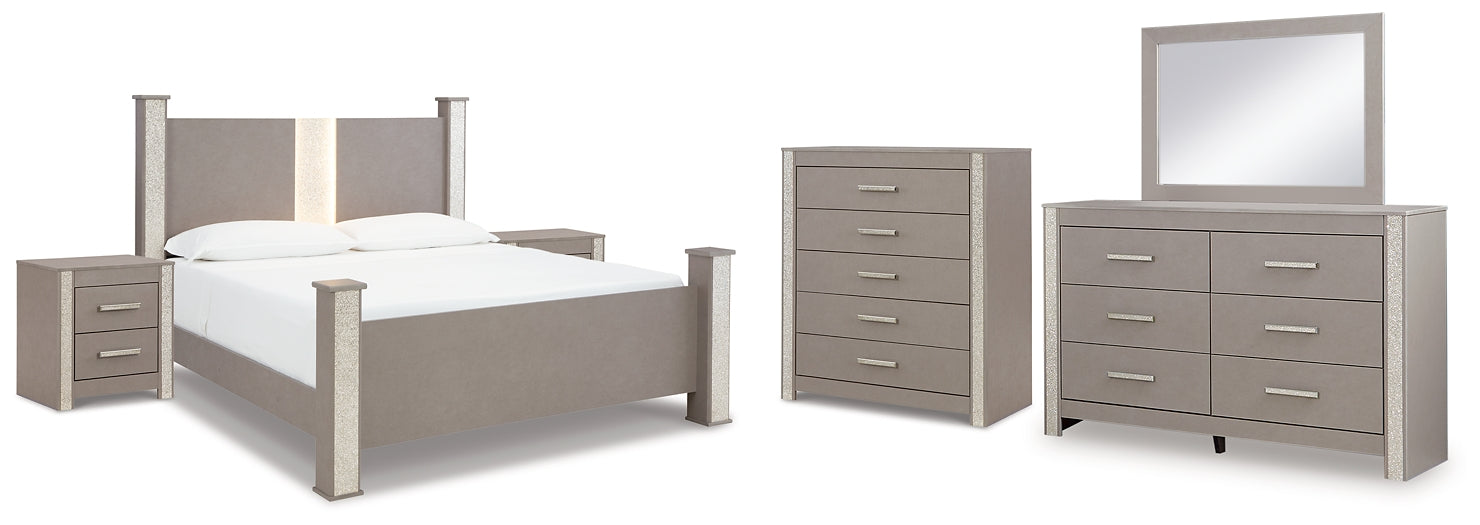 Surancha King Poster Bed with Mirrored Dresser, Chest and 2 Nightstands at Towne & Country Furniture (AL) furniture, home furniture, home decor, sofa, bedding