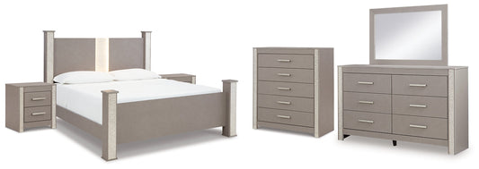 Surancha King Poster Bed with Mirrored Dresser, Chest and 2 Nightstands at Towne & Country Furniture (AL) furniture, home furniture, home decor, sofa, bedding
