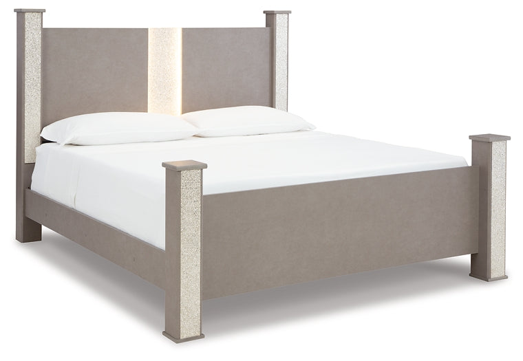 Surancha King Poster Bed with Mirrored Dresser, Chest and 2 Nightstands at Towne & Country Furniture (AL) furniture, home furniture, home decor, sofa, bedding
