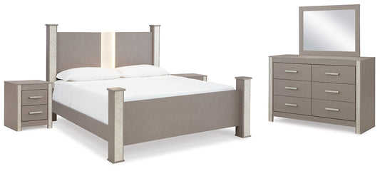 Surancha King Poster Bed with Mirrored Dresser and 2 Nightstands at Towne & Country Furniture (AL) furniture, home furniture, home decor, sofa, bedding