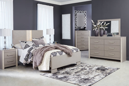 Surancha Queen Panel Bed with Mirrored Dresser, Chest and 2 Nightstands at Towne & Country Furniture (AL) furniture, home furniture, home decor, sofa, bedding