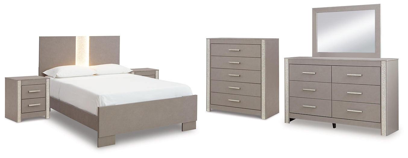 Surancha Queen Panel Bed with Mirrored Dresser, Chest and 2 Nightstands at Towne & Country Furniture (AL) furniture, home furniture, home decor, sofa, bedding