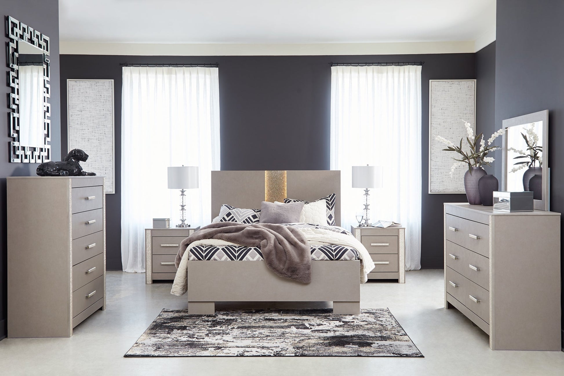 Surancha Queen Panel Bed with Mirrored Dresser, Chest and 2 Nightstands at Towne & Country Furniture (AL) furniture, home furniture, home decor, sofa, bedding