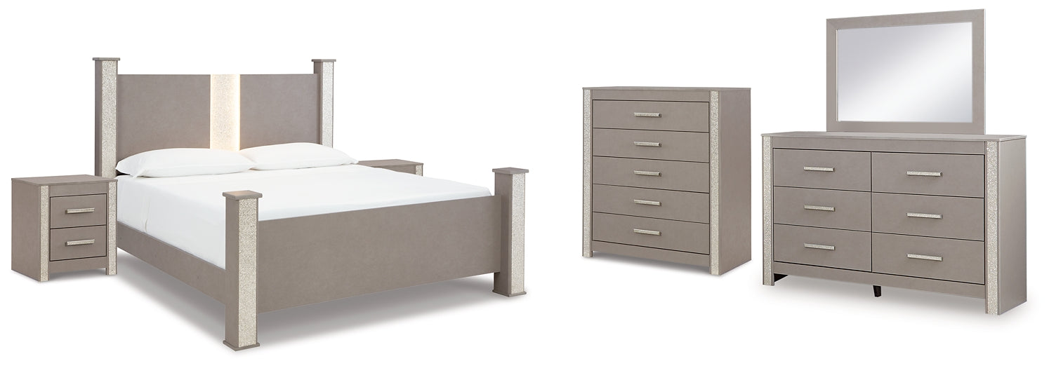 Surancha Queen Poster Bed with Mirrored Dresser, Chest and 2 Nightstands at Towne & Country Furniture (AL) furniture, home furniture, home decor, sofa, bedding