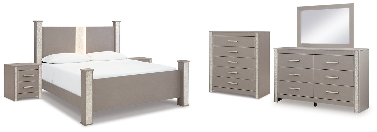 Surancha Queen Poster Bed with Mirrored Dresser, Chest and 2 Nightstands at Towne & Country Furniture (AL) furniture, home furniture, home decor, sofa, bedding