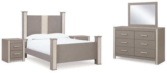 Surancha Queen Poster Bed with Mirrored Dresser and 2 Nightstands at Towne & Country Furniture (AL) furniture, home furniture, home decor, sofa, bedding