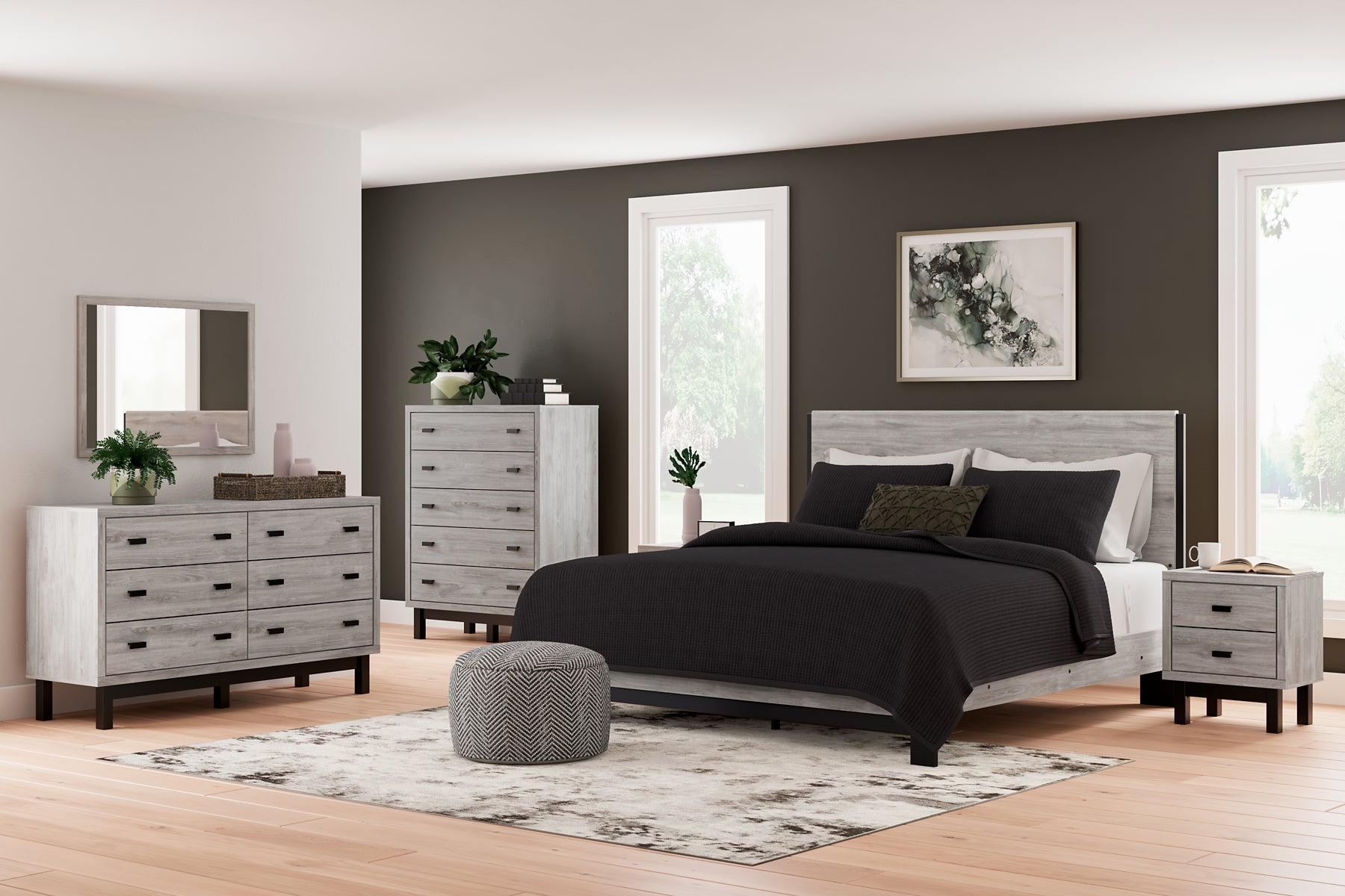 Vessalli King Panel Bed with Mirrored Dresser, Chest and 2 Nightstands at Towne & Country Furniture (AL) furniture, home furniture, home decor, sofa, bedding