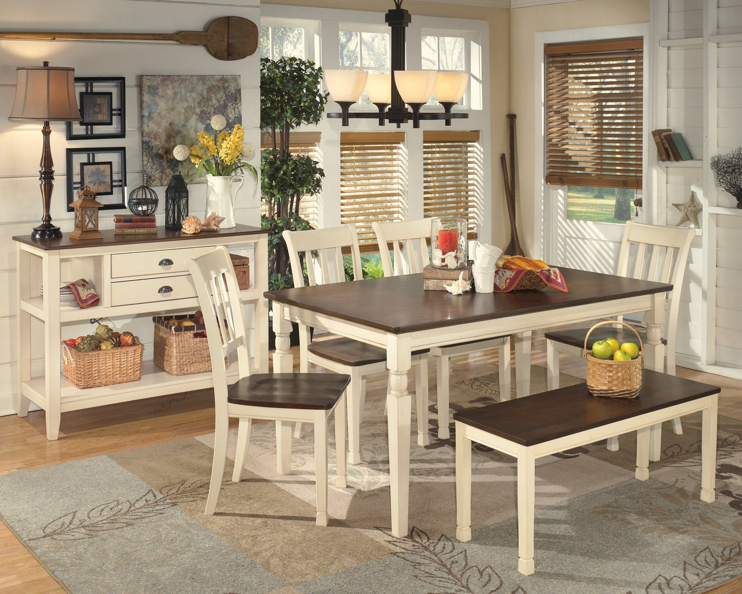 Whitesburg Dining Table and 4 Chairs and Bench with Storage at Towne & Country Furniture (AL) furniture, home furniture, home decor, sofa, bedding