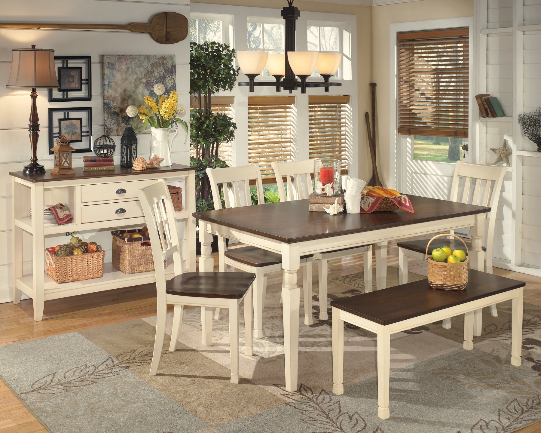 Whitesburg Dining Table and 4 Chairs and Bench with Storage at Towne & Country Furniture (AL) furniture, home furniture, home decor, sofa, bedding