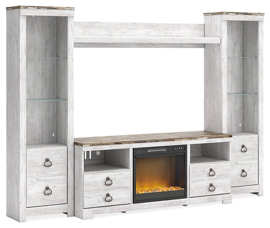 Willowton 4-Piece Entertainment Center with Electric Fireplace at Towne & Country Furniture (AL) furniture, home furniture, home decor, sofa, bedding