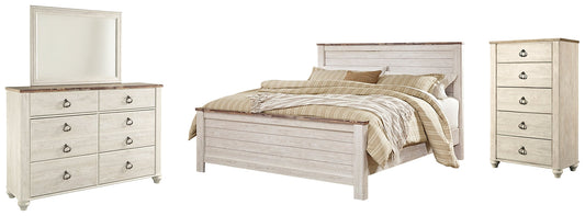 Willowton California King Panel Bed with Mirrored Dresser and Chest at Towne & Country Furniture (AL) furniture, home furniture, home decor, sofa, bedding