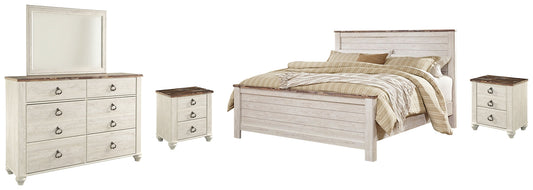 Willowton King Panel Bed with Mirrored Dresser and 2 Nightstands at Towne & Country Furniture (AL) furniture, home furniture, home decor, sofa, bedding