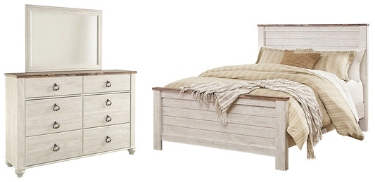 Willowton Queen Panel Bed with Mirrored Dresser at Towne & Country Furniture (AL) furniture, home furniture, home decor, sofa, bedding