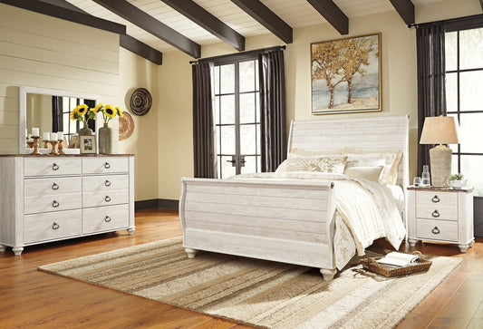 Willowton Queen Sleigh Bed with Mirrored Dresser and Nightstand at Towne & Country Furniture (AL) furniture, home furniture, home decor, sofa, bedding