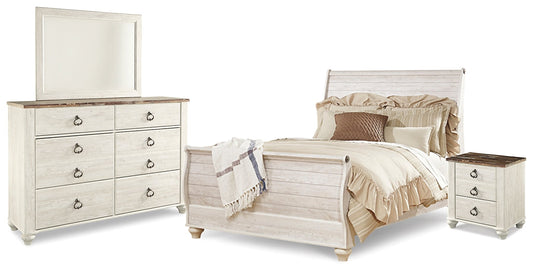 Willowton Queen Sleigh Bed with Mirrored Dresser and Nightstand at Towne & Country Furniture (AL) furniture, home furniture, home decor, sofa, bedding