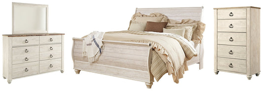 Willowton  Sleigh Bed With Mirrored Dresser And Chest at Towne & Country Furniture (AL) furniture, home furniture, home decor, sofa, bedding