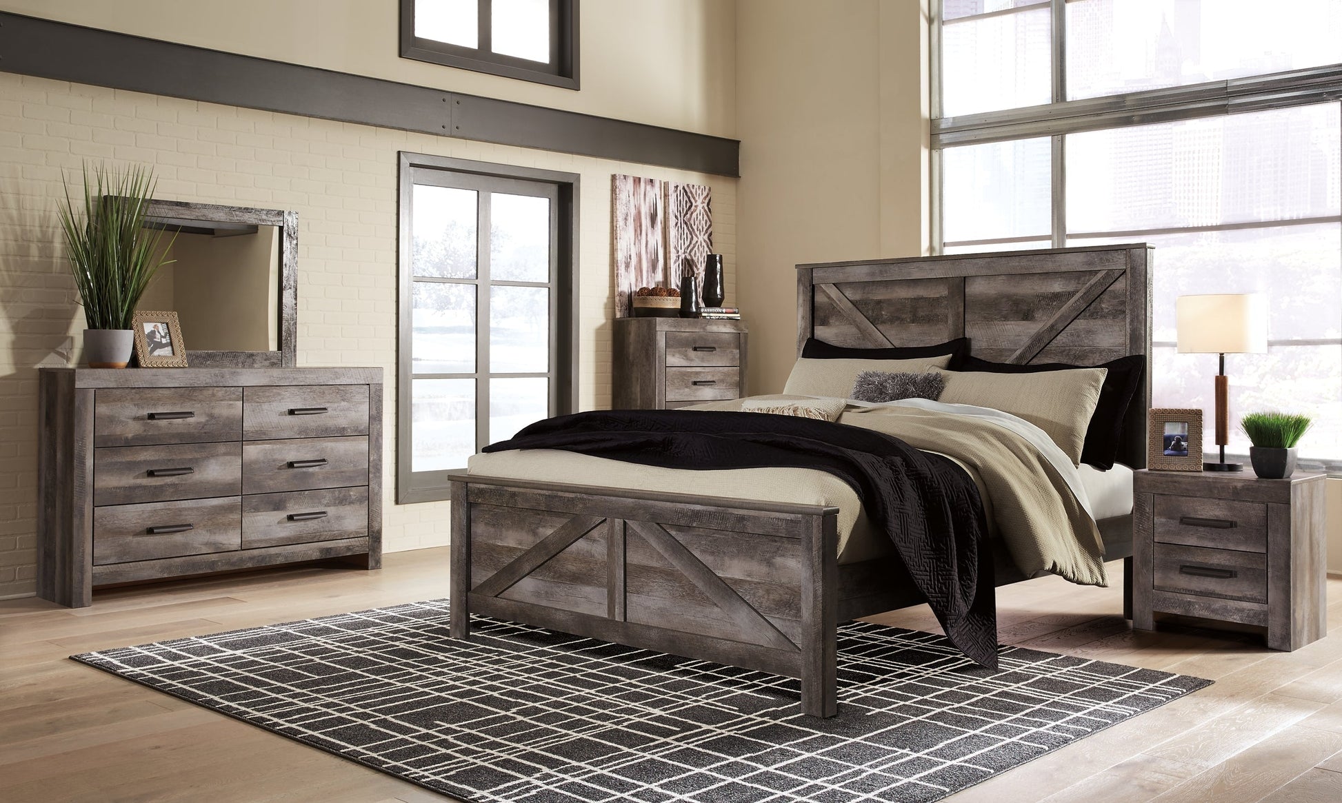 Wynnlow King Crossbuck Panel Bed with Mirrored Dresser, Chest and 2 Nightstands at Towne & Country Furniture (AL) furniture, home furniture, home decor, sofa, bedding