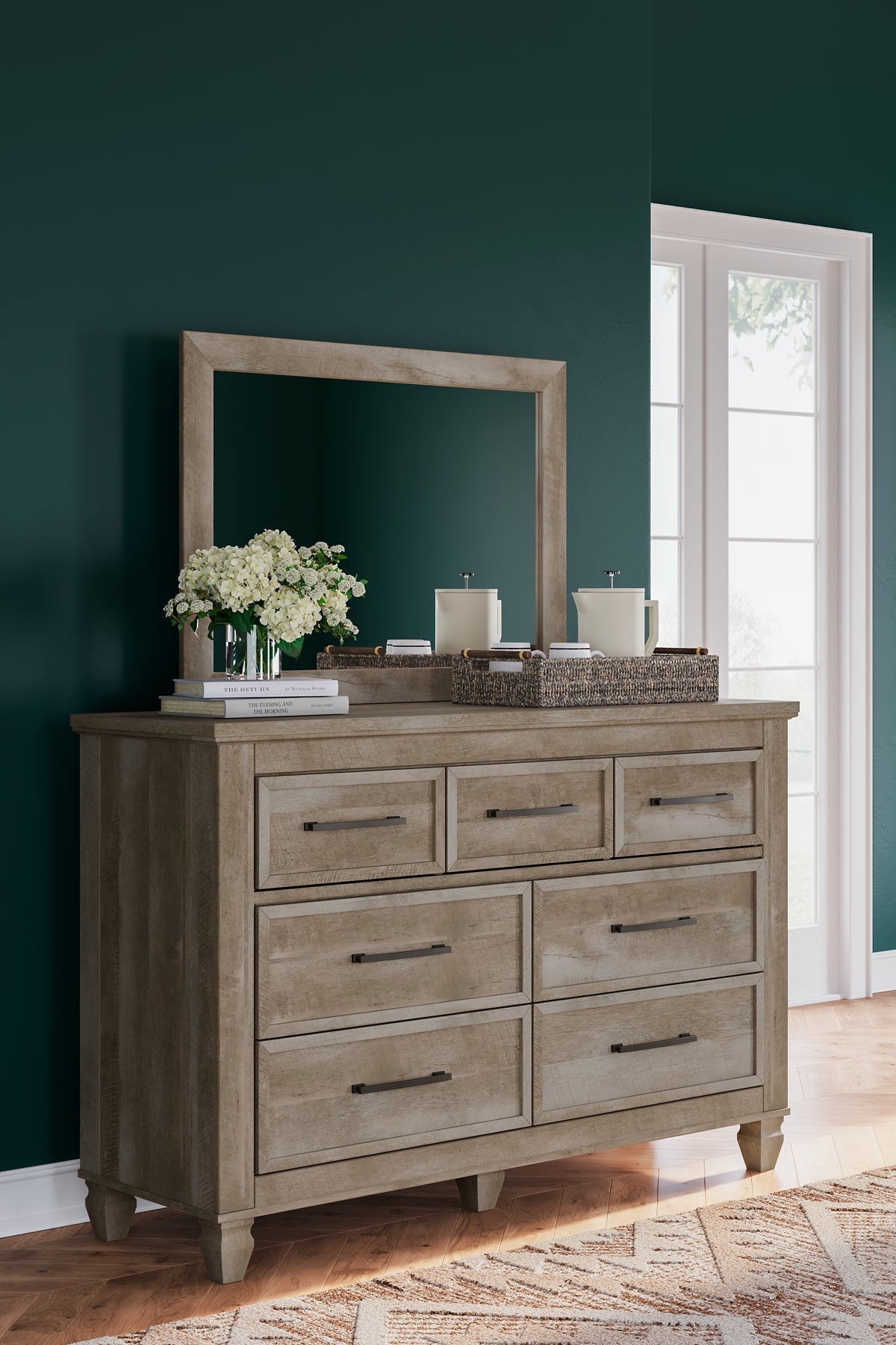 Yarbeck King Panel Bed with Mirrored Dresser, Chest and Nightstand at Towne & Country Furniture (AL) furniture, home furniture, home decor, sofa, bedding