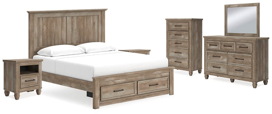 Yarbeck King Panel Bed with Storage with Mirrored Dresser, Chest and 2 Nightstands at Towne & Country Furniture (AL) furniture, home furniture, home decor, sofa, bedding