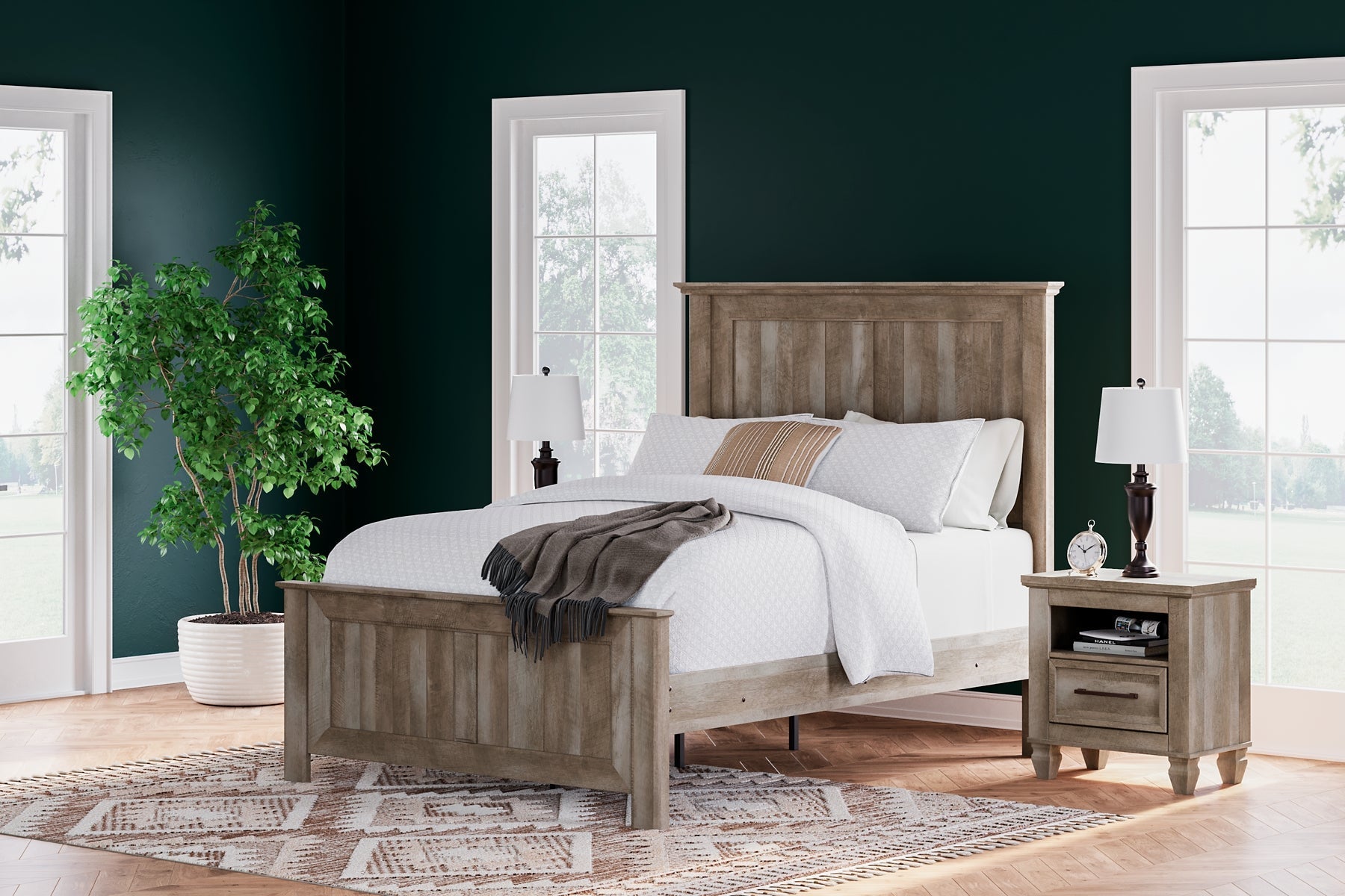 Yarbeck Queen Panel Bed with Mirrored Dresser and 2 Nightstands at Towne & Country Furniture (AL) furniture, home furniture, home decor, sofa, bedding