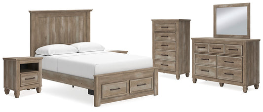 Yarbeck Queen Panel Bed with Storage with Mirrored Dresser, Chest and 2 Nightstands at Towne & Country Furniture (AL) furniture, home furniture, home decor, sofa, bedding
