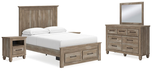 Yarbeck Queen Panel Bed with Storage with Mirrored Dresser and 2 Nightstands at Towne & Country Furniture (AL) furniture, home furniture, home decor, sofa, bedding
