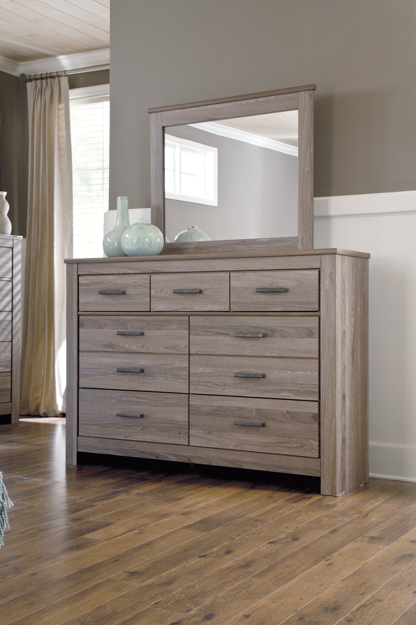Zelen King/California King Panel Headboard with Mirrored Dresser, Chest and 2 Nightstands at Towne & Country Furniture (AL) furniture, home furniture, home decor, sofa, bedding
