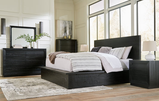 Londer California King Panel Bed with Mirrored Dresser, Chest and 2 Nightstands