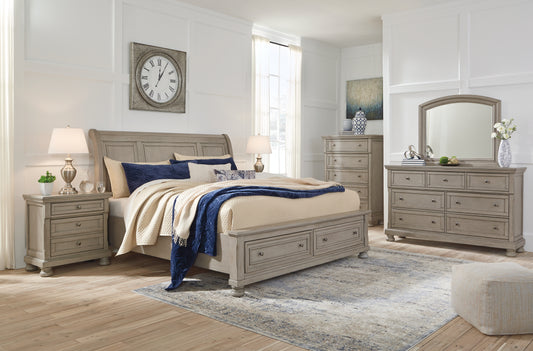 Lettner California King Sleigh Bed with Mirrored Dresser, Chest and Nightstand