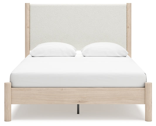Cadmori Queen Upholstered Panel Bed with Mirrored Dresser and Chest