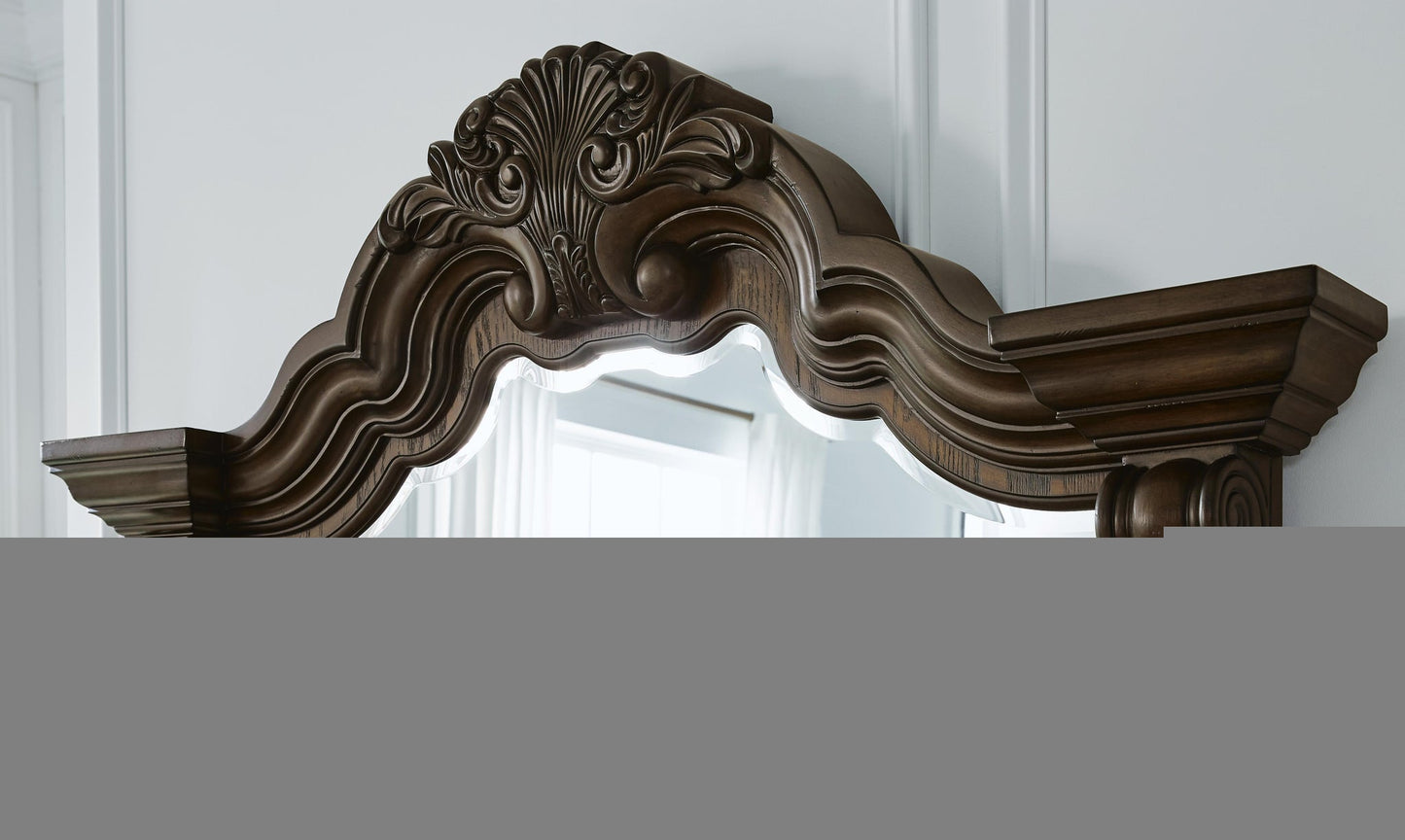 Maylee Queen Upholstered Bed with Mirrored Dresser