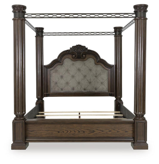 Maylee Queen Canopy Bed, Dresser, Mirror and Nightstand